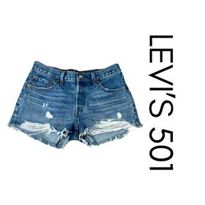 Levi's 501 Distressed Button Fly Raw Hem Denim Shorts Womens Size 26 EUC!